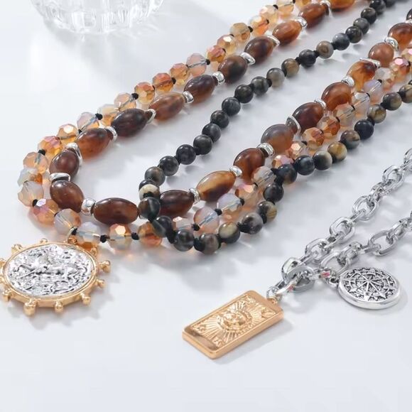 New Zara 4pc Layered Beaded Coin Necklace Set with Black, Brown, and Gold Tones - Picture 7 of 11